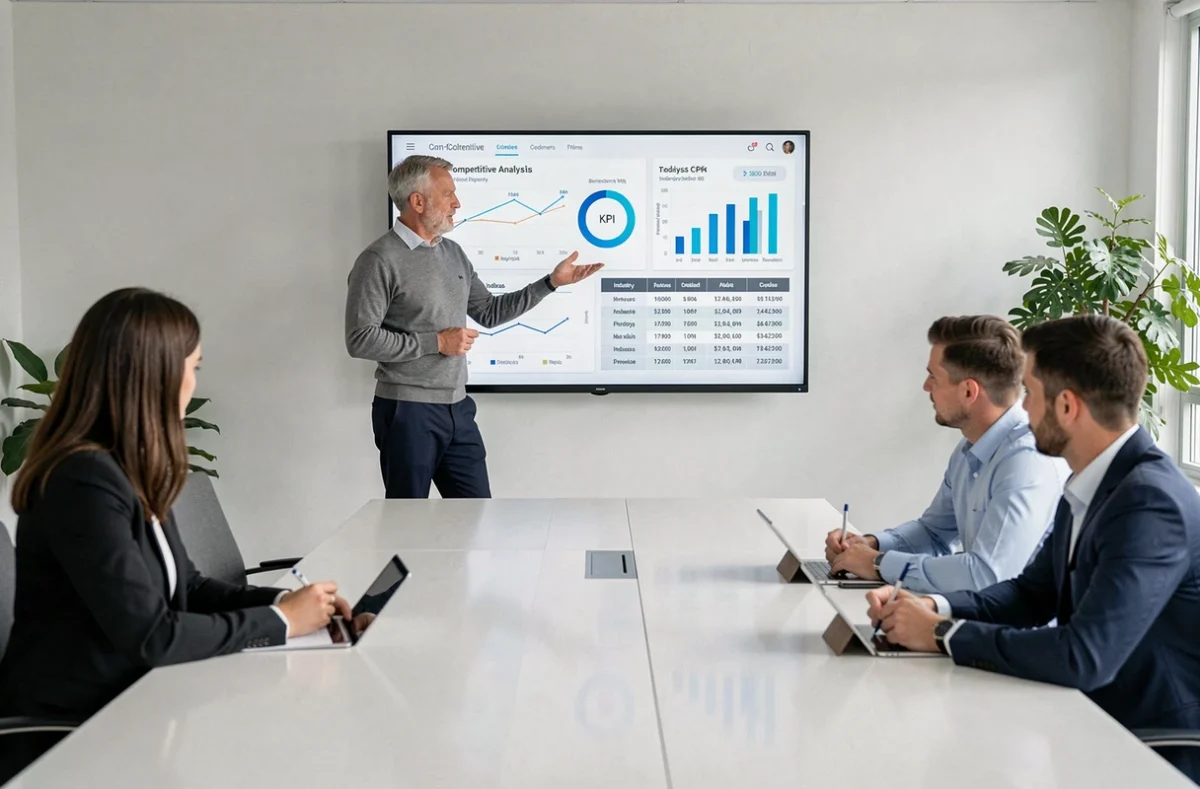 Directivo presentando un análisis de benchmarking competitivo en pantalla grande ante su equipo en sala de reuniones