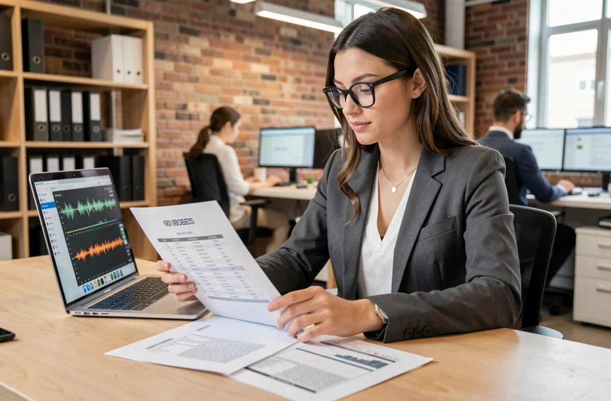 Profesional de marketing revisando un presupuesto de publicidad en radio en una agencia de publicidad moderna