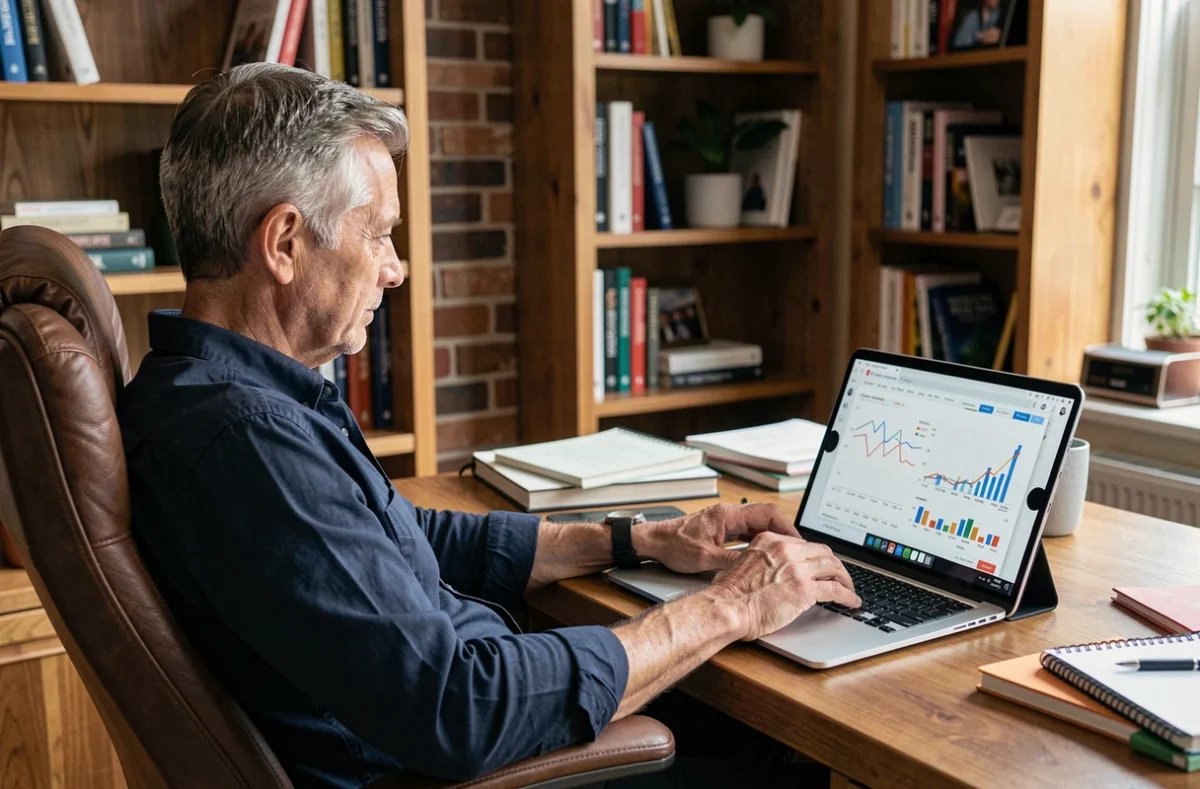 Profesional analizando métricas de automatización de redes sociales desde su oficina en casa