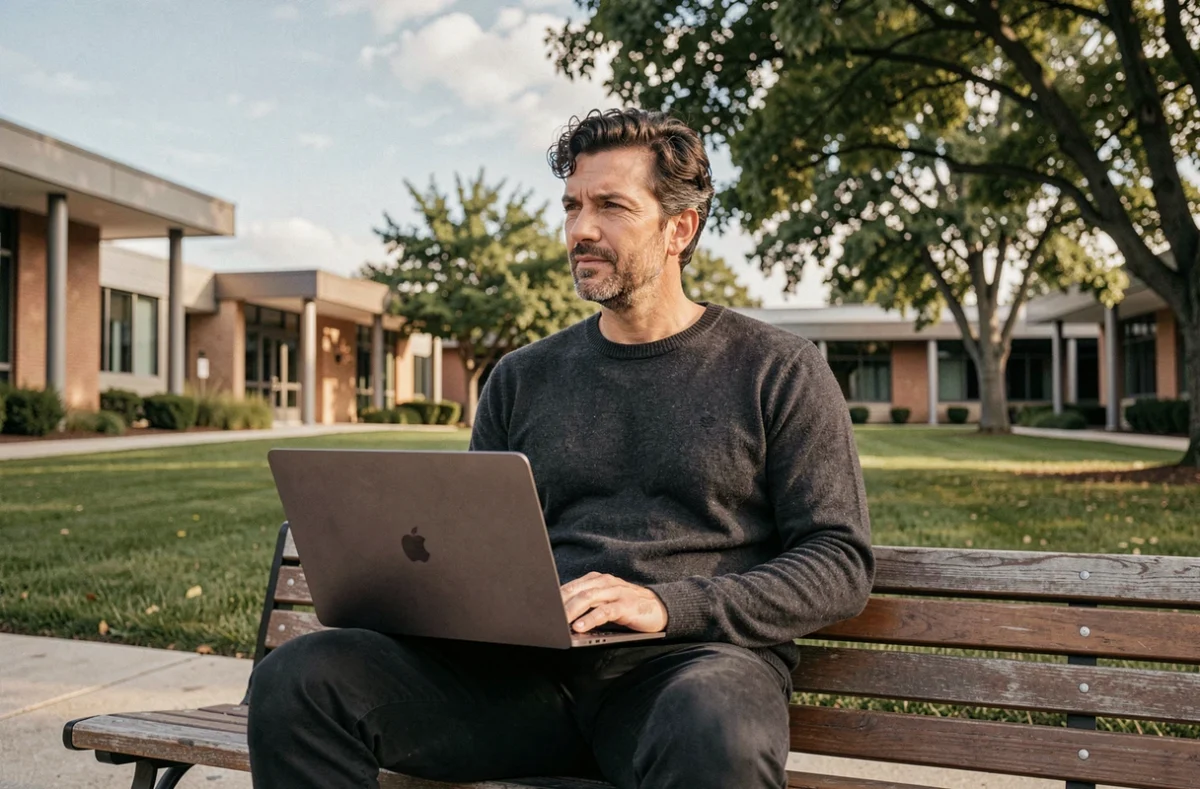 Profesional de Apple trabajando con un MacBook en un campus tecnológico al aire libre