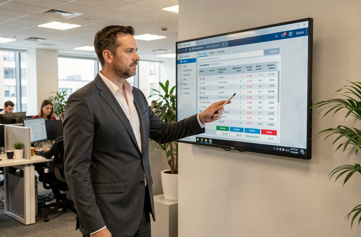 Profesional de cumplimiento normativo analizando datos regulatorios en un panel digital dentro de una oficina corporativa