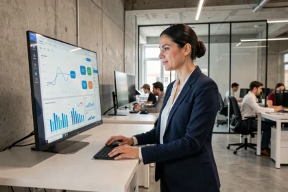 Profesional española analizando datos de digitalización empresarial en una pantalla táctil en una oficina moderna de Madrid