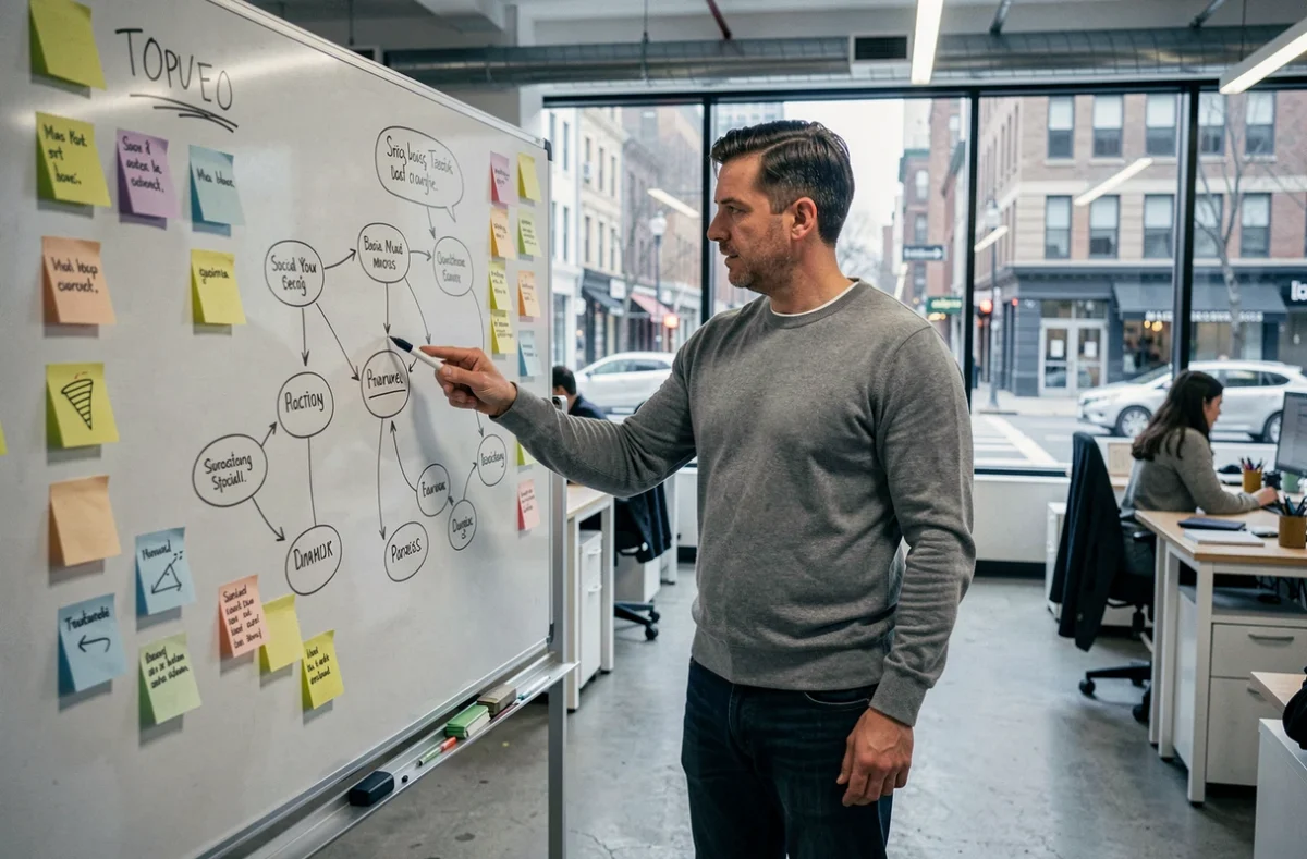 Profesional de marketing explicando estrategia digital en pizarra en un espacio de coworking