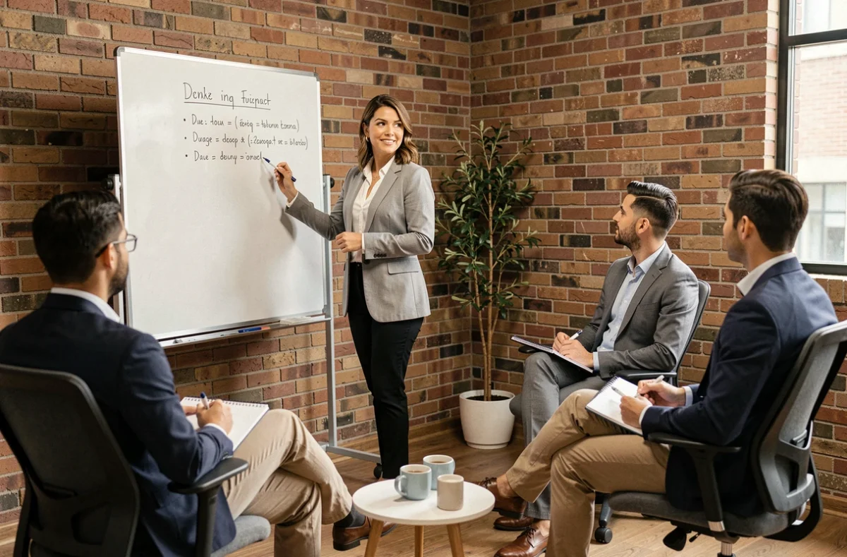 Profesional explicando estrategias de comunicación interna ante compañeros en sala de trabajo colaborativa