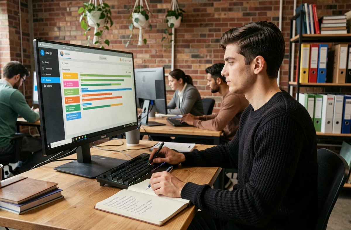 Joven profesional gestionando sus tareas en una aplicación digital de gestión del tiempo en un espacio de coworking