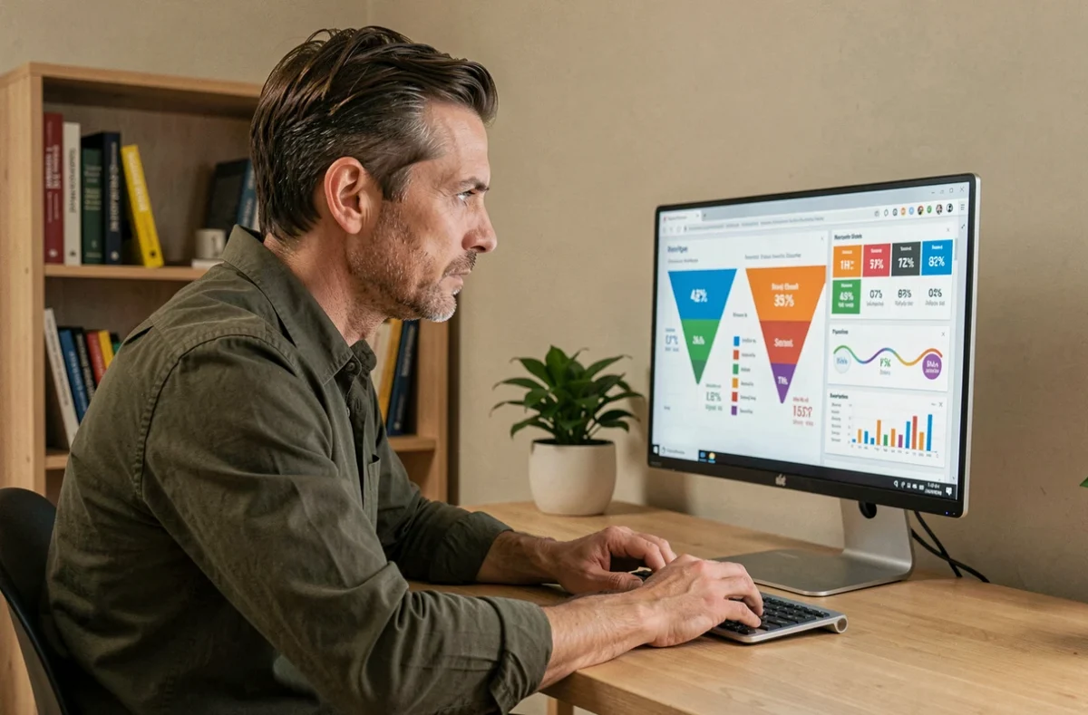Profesional de marketing trabajando desde casa analizando un panel de métricas y un embudo de conversión en pantalla