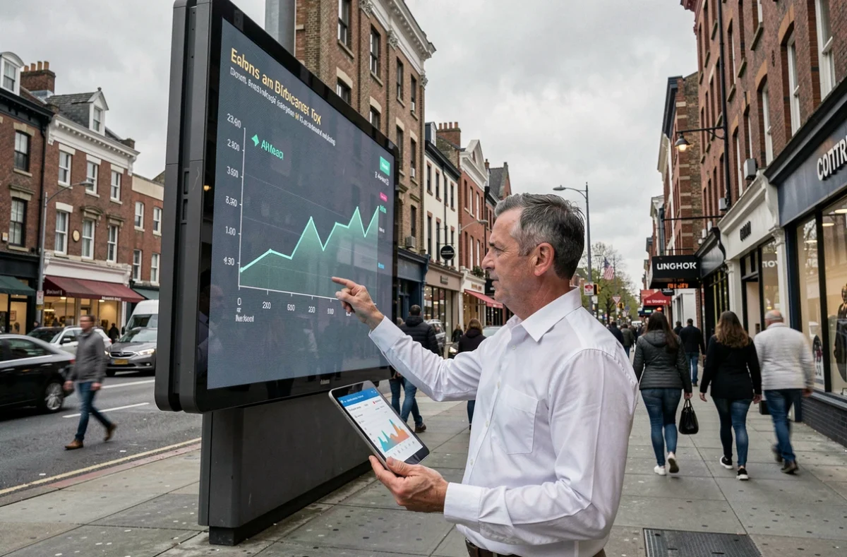 Profesional de marketing señalando una valla publicitaria digital en una calle urbana con datos de rendimiento publicitario