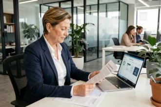 Profesional revisando documentos de protección de datos y normativa GDPR en una oficina corporativa moderna