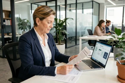Profesional revisando documentos de protección de datos y normativa GDPR en una oficina corporativa moderna