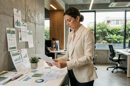 Profesional revisando informes de sostenibilidad empresarial en una oficina moderna con elementos ecológicos