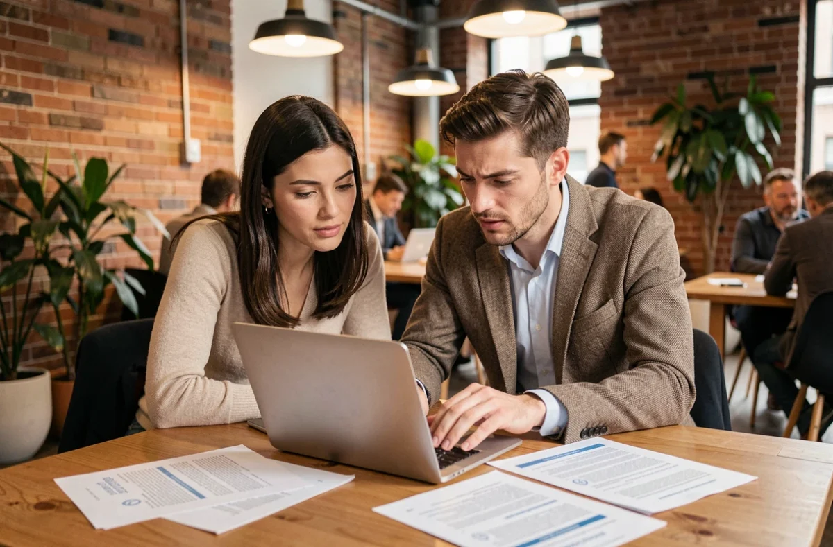 Dos profesionales analizando contratos digitales y documentos legales impresos en un espacio de coworking urbano, implicaciones legales de la transformación digital empresarial