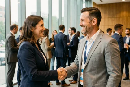 Dos profesionales de negocios estrechando la mano en un evento de networking empresarial en una sala de conferencias moderna