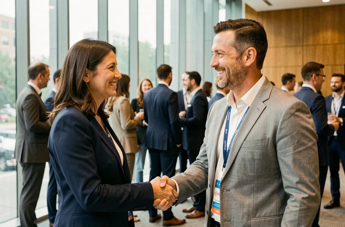 Dos profesionales de negocios estrechando la mano en un evento de networking empresarial en una sala de conferencias moderna