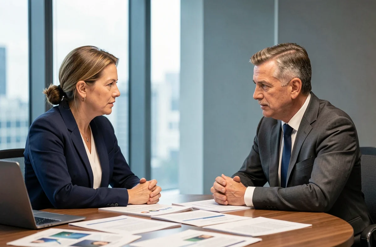 Dos profesionales negociando en una sala de reuniones moderna con documentos sobre la mesa