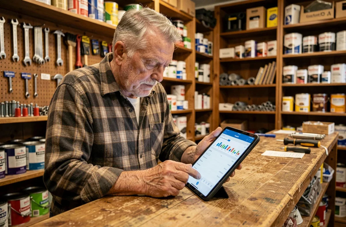 Propietario mayor de ferretería tradicional aprendiendo a gestionar su negocio con una tablet y herramientas digitales de comercio electrónico