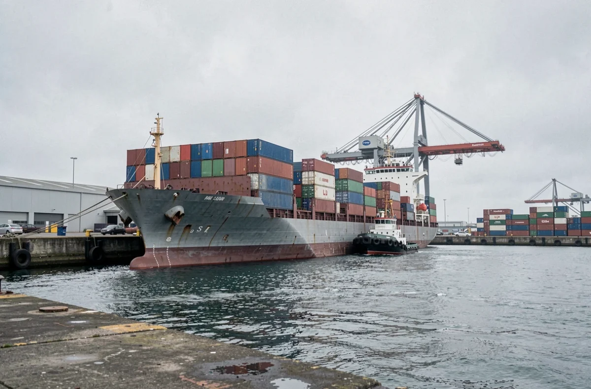 Barco de carga con contenedores de transporte llegando a un puerto comercial, logística marítima en la cadena de suministro global