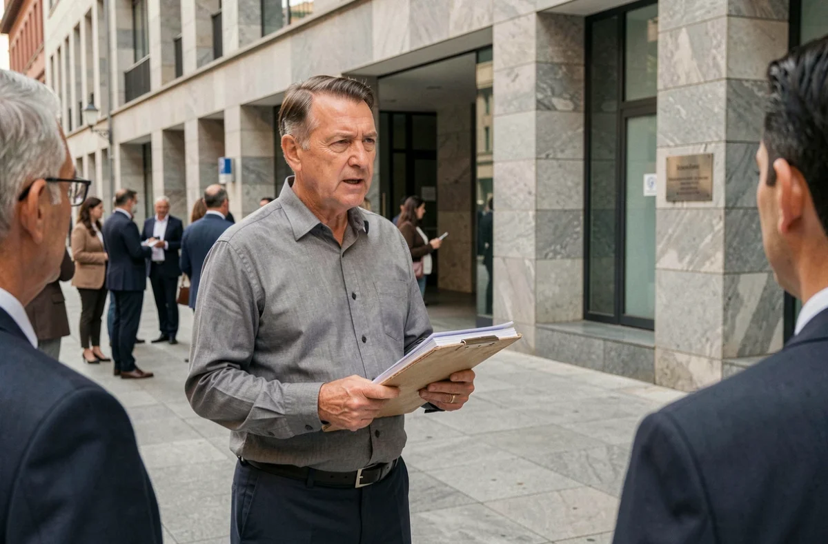Representante sindical explicando los cambios recientes en la legislación laboral española a trabajadores frente a un edificio institucional