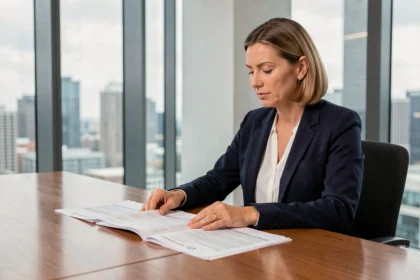Responsable de cumplimiento normativo revisando documentos de regulación en una sala de reuniones corporativa moderna