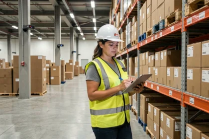 Responsable de logística revisando una lista de verificación en un almacén de distribución moderno