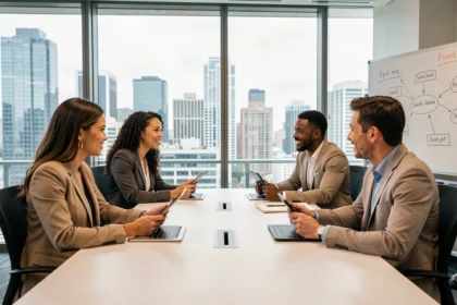Equipo diverso de profesionales, hombres y mujeres, debatiendo en igualdad en una sala de reuniones corporativa moderna