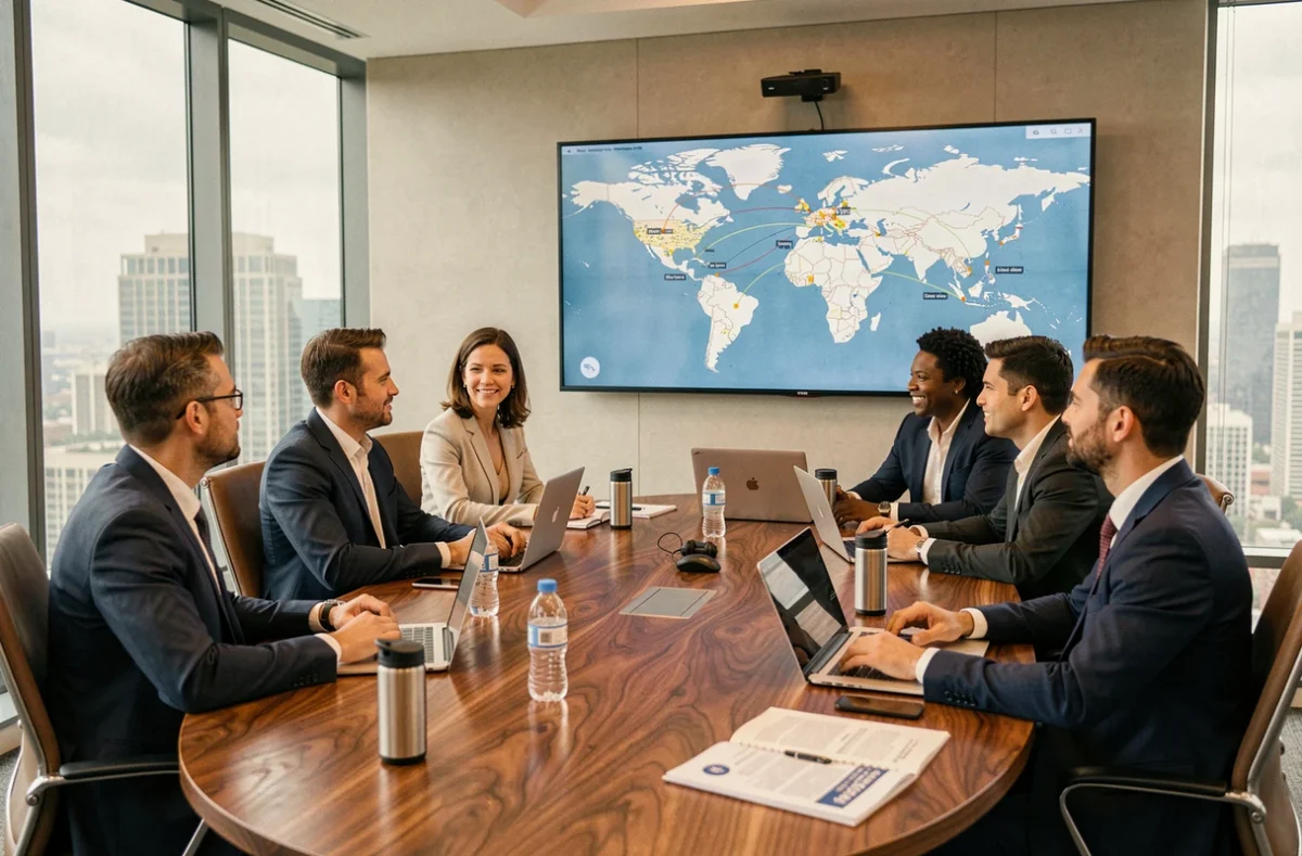 Reunión de directivos de una multinacional con mapa mundial proyectado en una sala de juntas moderna