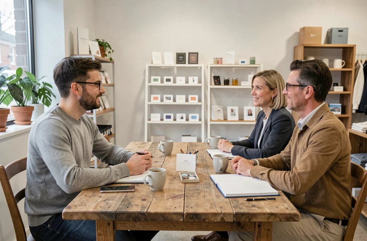 Empresario de pequeño comercio escuchando opiniones de clientes habituales durante una reunión de fidelización