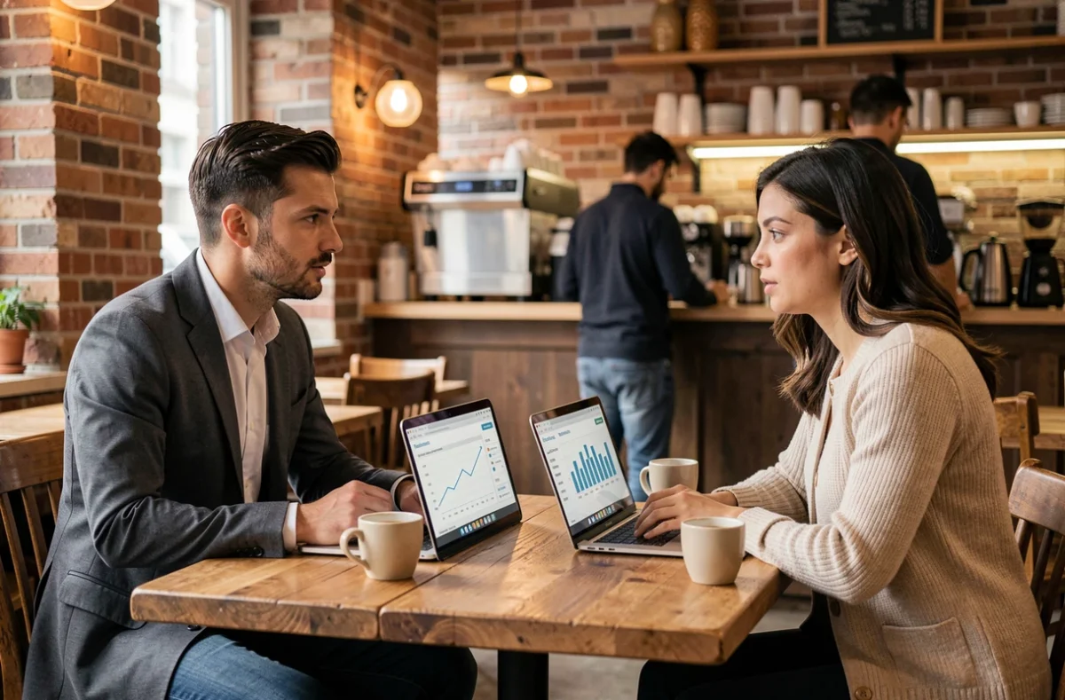 Dos profesionales debatiendo la inversión en publicidad de pago frente a sus portátiles en una cafetería