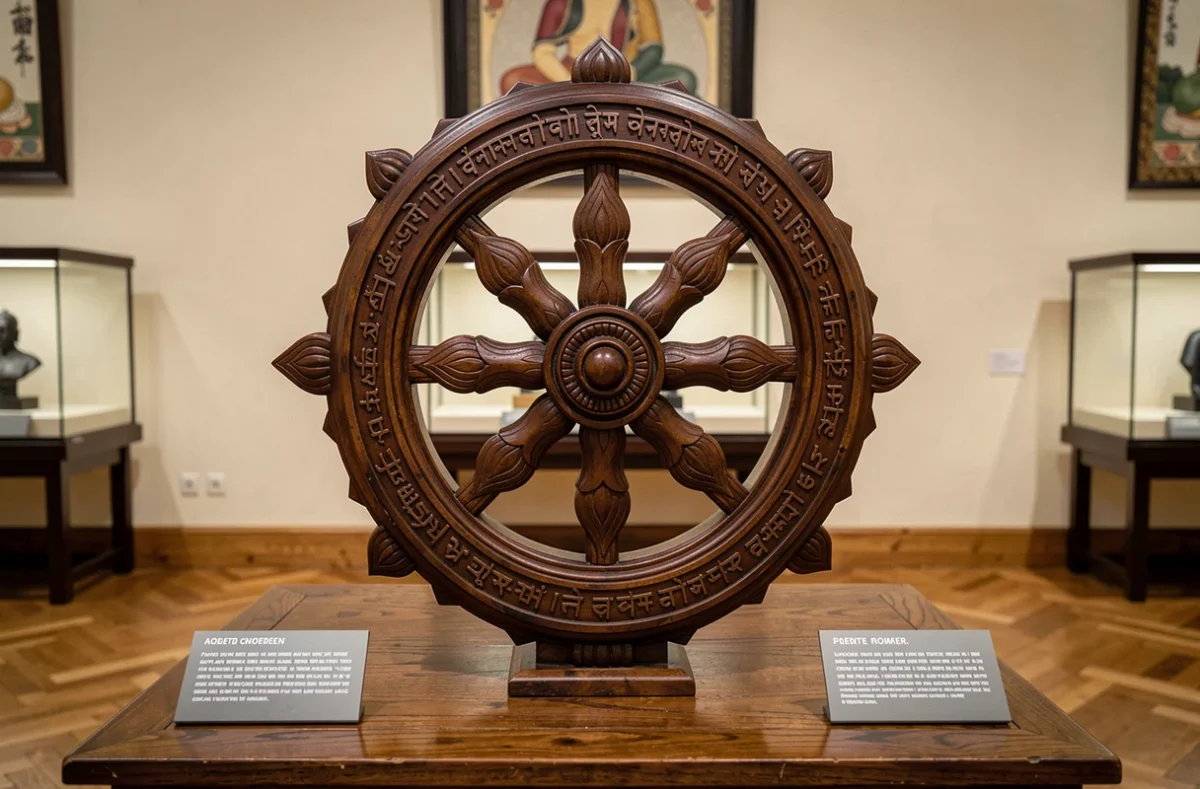 Rueda del Dharma tallada en madera con ocho radios e inscripciones en sánscrito, expuesta en un museo de arte budista