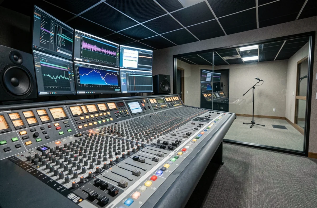 Sala de control de emisora de radio profesional con mesa de mezclas y pantallas de edición de audio