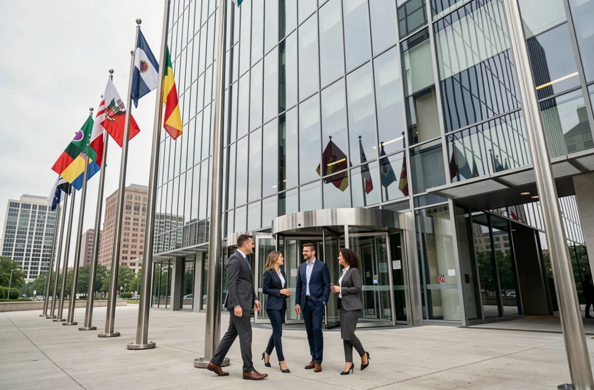 Sede corporativa de una empresa multinacional con banderas de varios países y profesionales en la entrada principal