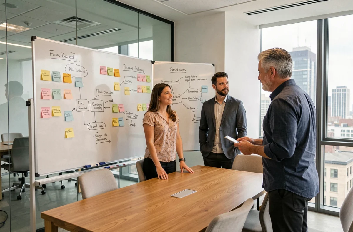 Mentor de negocios dirigiendo una sesión estratégica con un equipo de emprendedores jóvenes ante una pizarra