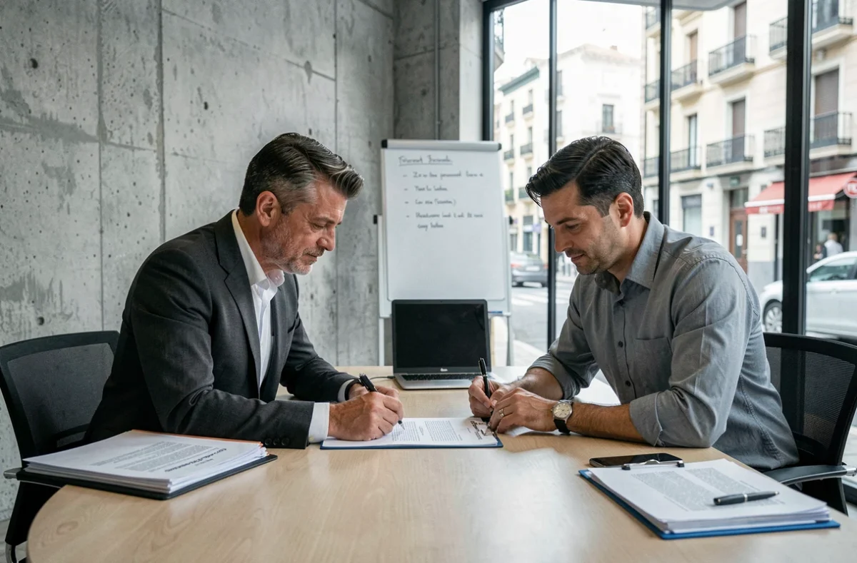 Dos socios firmando documentos de constitución de sociedad en un espacio de trabajo moderno en España