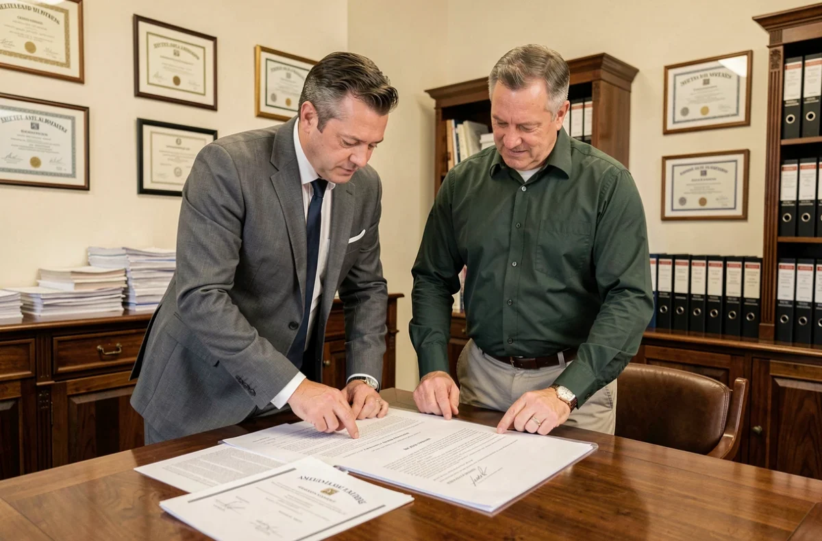 Dos socios revisando los estatutos y la escritura notarial durante la constitución de una sociedad limitada