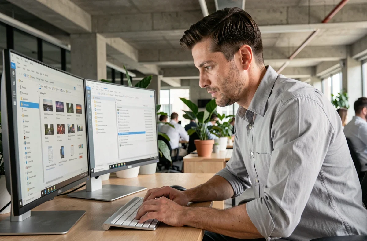 Profesional masculino gestionando archivos digitales en software de gestión documental con doble pantalla en oficina moderna