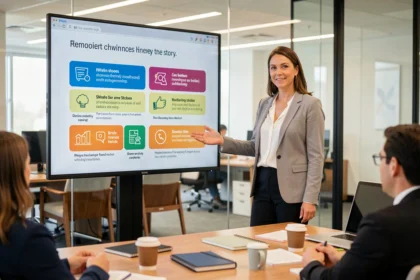 Profesional de marketing explicando una estrategia de storytelling en una presentación corporativa con diapositivas narrativas ante su equipo