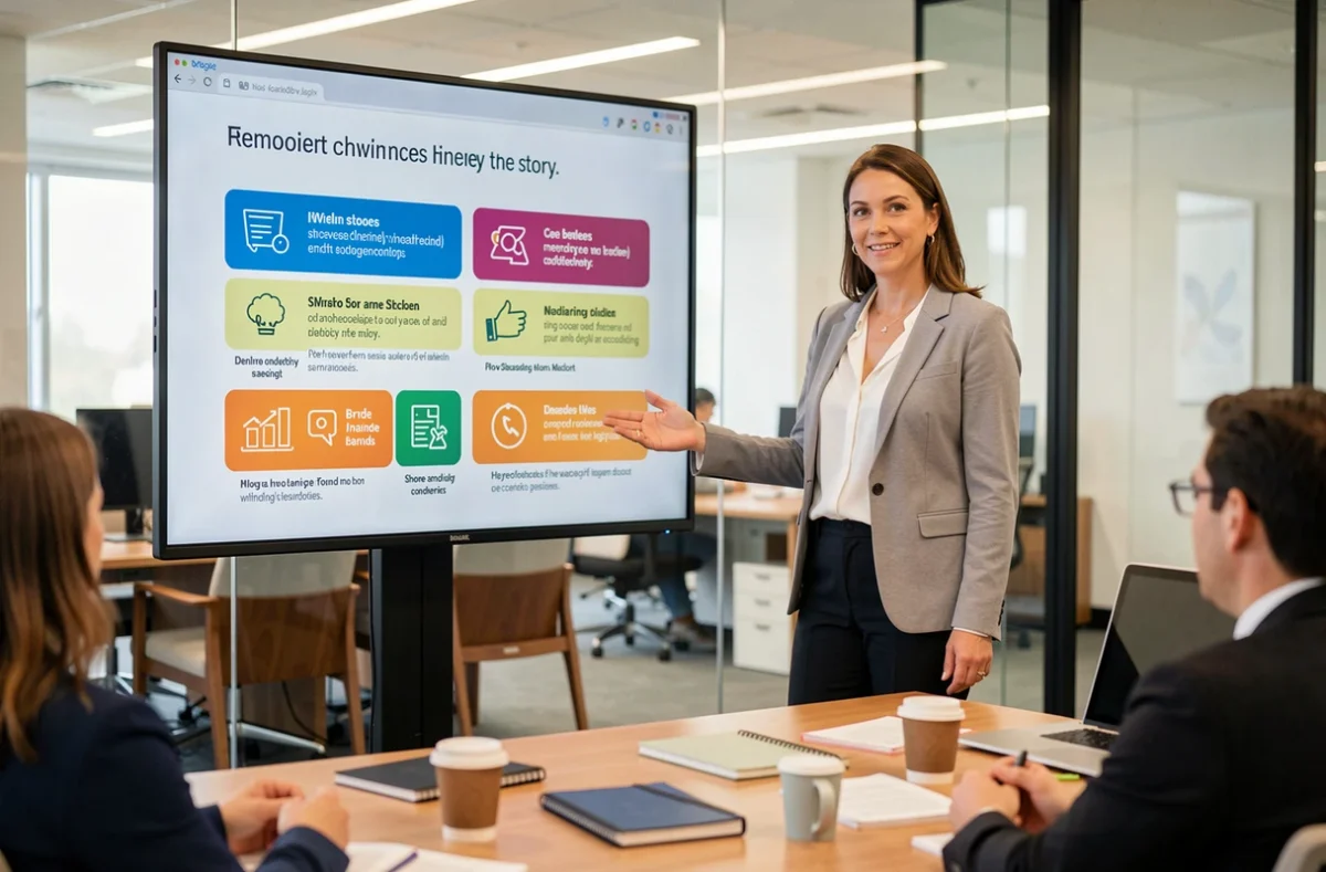 Profesional de marketing explicando una estrategia de storytelling en una presentación corporativa con diapositivas narrativas ante su equipo