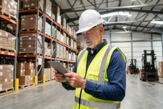 Supervisor de almacén revisando una tableta digital en un gran centro de distribución logística, ejemplo de cadena de suministro