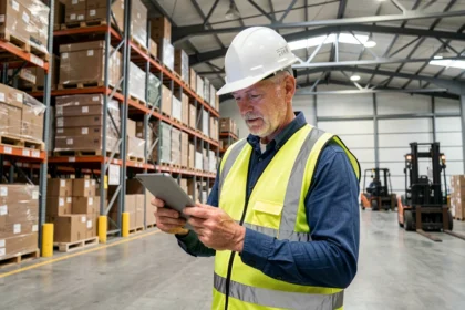 Supervisor de almacén revisando una tableta digital en un gran centro de distribución logística, ejemplo de cadena de suministro