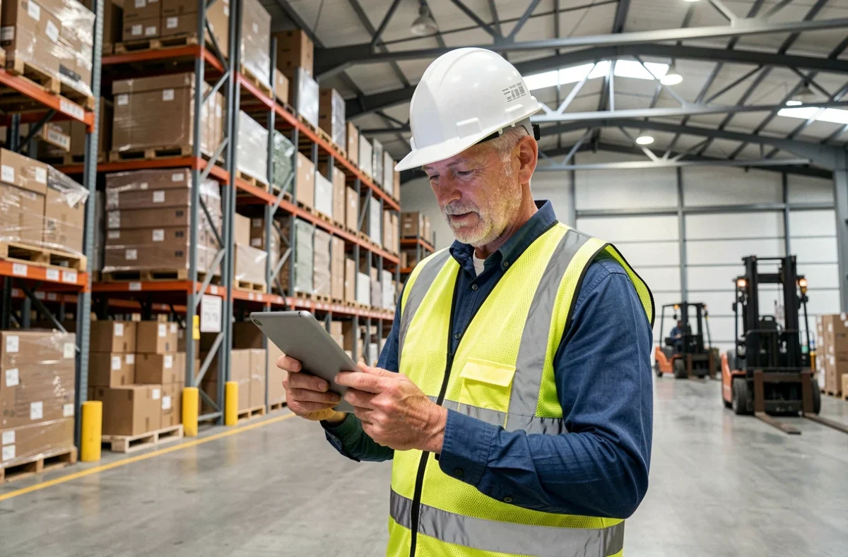 Supervisor de almacén revisando una tableta digital en un gran centro de distribución logística, ejemplo de cadena de suministro