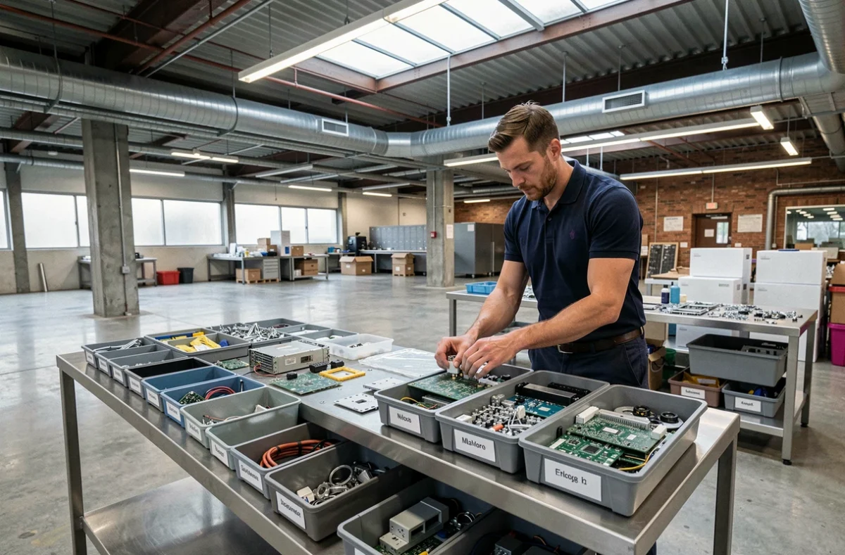 Técnico clasificando componentes electrónicos desmontados en una instalación de economía circular urbana para su reutilización y reciclaje