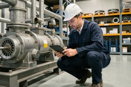 Técnico de mantenimiento industrial inspeccionando una bomba industrial con tablet en una fábrica de pequeña empresa