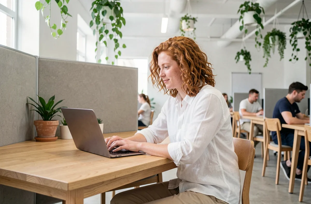 Persona joven trabajando en remoto desde un espacio de coworking moderno con mesas de madera y plantas colgantes