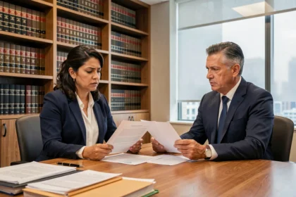 Mujer trabajadora reunida con un abogado laboralista revisando documentos para demandar a su empresa