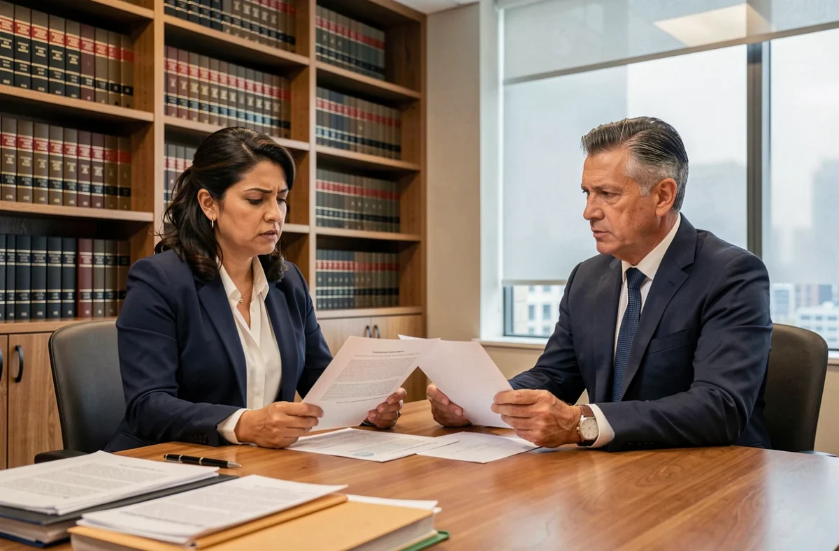 Mujer trabajadora reunida con un abogado laboralista revisando documentos para demandar a su empresa