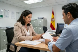 Mujer latinoamericana revisando documentos de extranjería con un funcionario en una oficina de inmigración en España