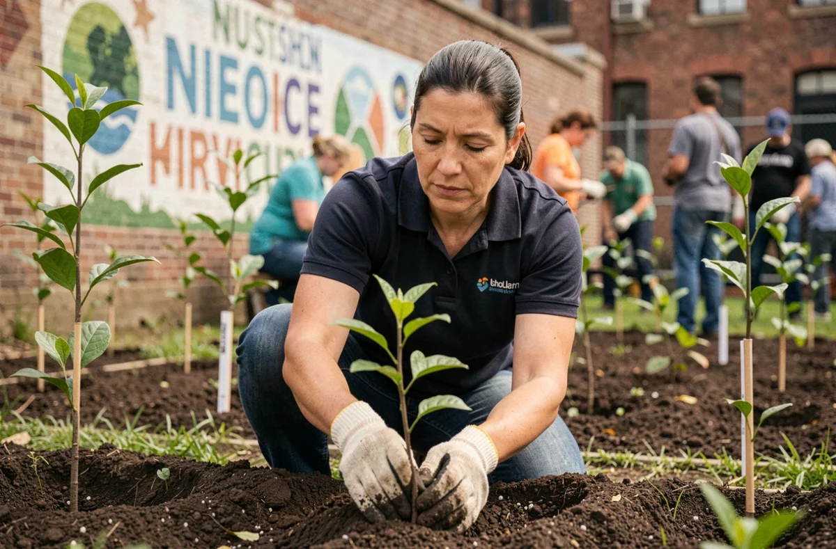 Voluntaria corporativa plantando un árbol en jardín comunitario urbano como parte de un programa de responsabilidad social empresarial